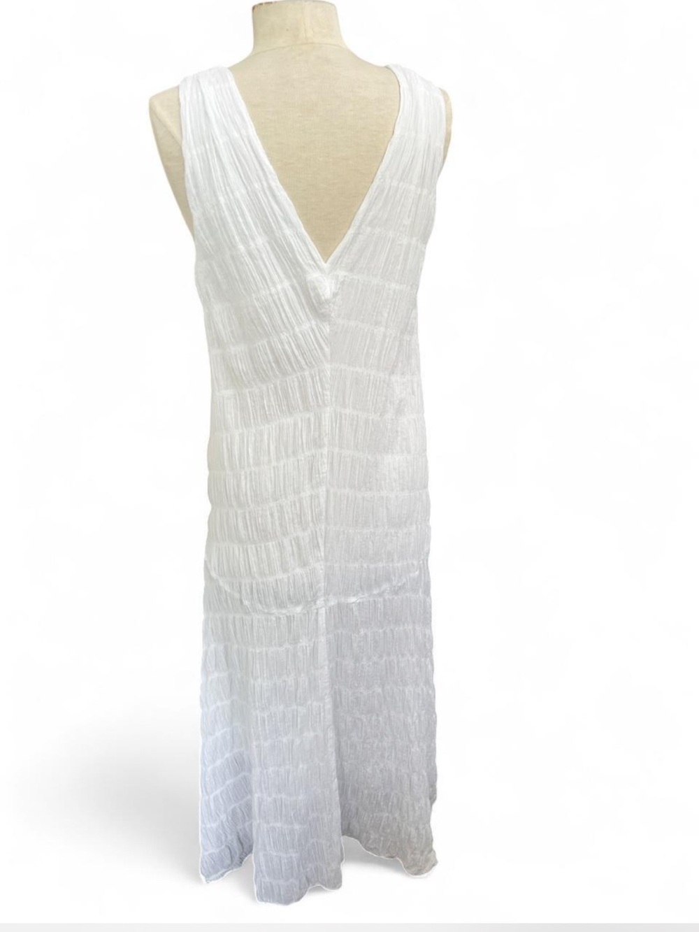 FRAME Savannah Shirred Poplin Crinkle V-Neck Asymmetrical Maxi White Dress Med - Picture 2 of 9